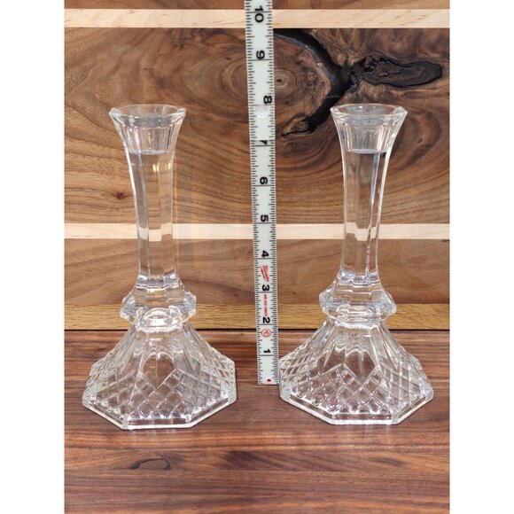 Vintage Cut Glass Crystal Candle Holders With Hexagonal Bases & Heart Detail - Picture 2 of 6